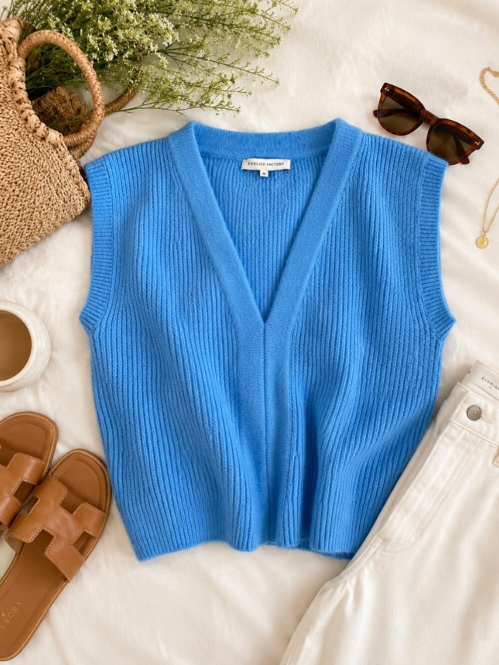 English Factory Blue Fuzzy Knit Sweater Vest Size M Soft Ribbed V-Neck